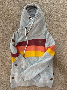 Wanakome Grey Hoodie with Burgundy, Coral and Yellow Stripe